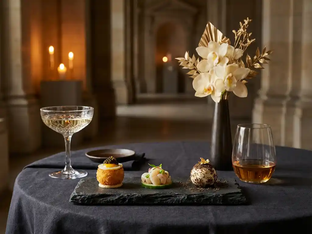 Amuse-bouche op leisteen serveerbord met goudkleurig glaswerk en sculpturaal bloemstuk, geflankeerd door kaarslicht in een klassieke museumzaal.