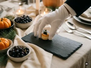 Witte handschoen plaatst amuse-bouche op leistenen serveerbord, omringd door seizoensingrediënten op linnen tafel met kaarslicht op zilverwerk.