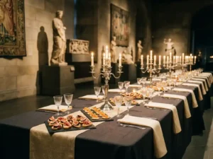 Elegant gedekte banquettafel met gepolijst zilverwerk, kristallen glazen en canapés op leistenen planken, verlicht door kaarslicht in een donkere museumzaal.