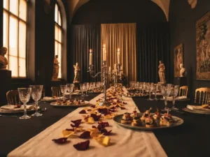 Elegante bankettafel met kristallen glazen, zilveren kandelaars en rozenblaadjes in een dramatische museumzaal met goudkleurig licht.