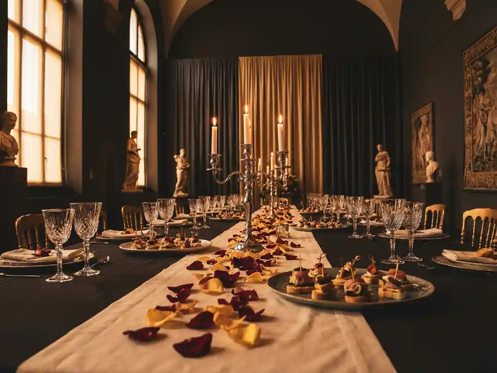 Elegante bankettafel met kristallen glazen, zilveren kandelaars en rozenblaadjes in een dramatische museumzaal met goudkleurig licht.