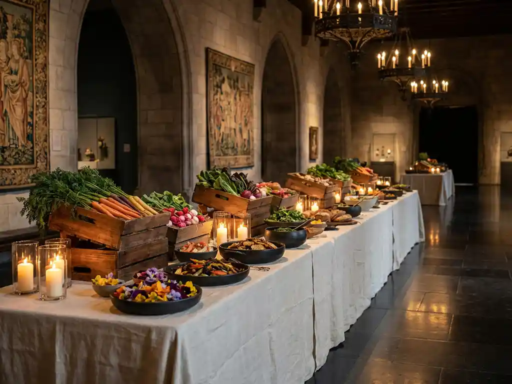 Linnen-gedekte banquettafel met lokale groenten, eetbare bloemen en donkere keramische schalen in een museumzaal met kaarslicht.