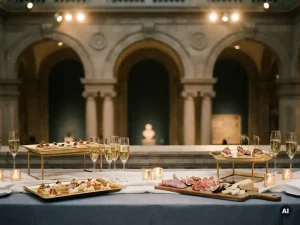 Sierlijk gedekte receptietafel met artisanale canapés, sprankelende wijn en charcuterie in een statige museumzaal met ornamentale architectuur.