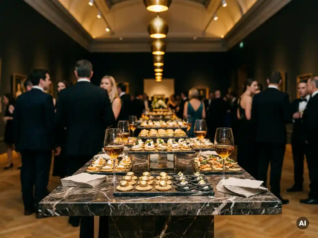 Luxe canapés en wijnglazen op marmeren statafel tijdens een elegante netwerkborrel in een museumzaal.