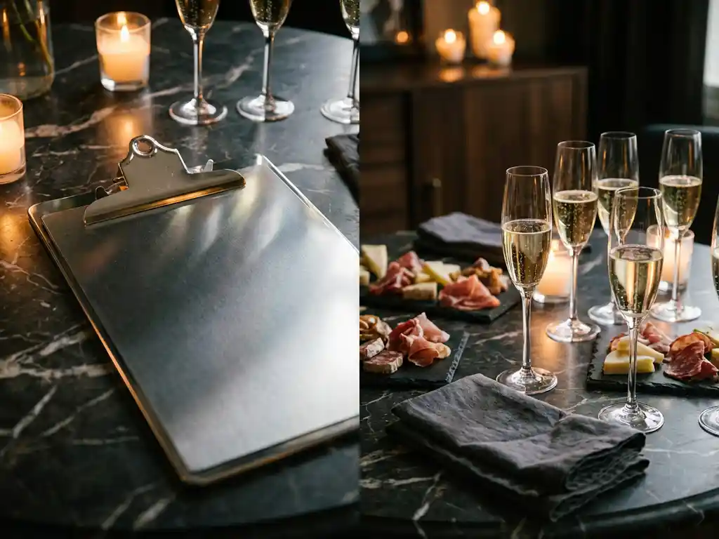 Zilveren klembord met budget naast champagneglazen, hapjes op leisteen en linnen servetten op donker marmer bij kaarslicht.