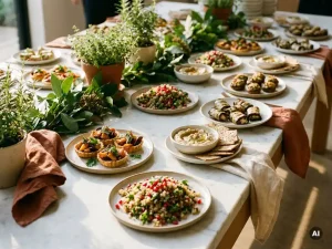 Kleurrijke vegetarische, veganistische en glutenvrije hapjes op witte marmeren buffettafel, versierd met verse kruiden en seizoensgroenten.