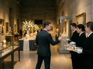 Cateringmanager in donker pak stuurt witgehandschoende obers met zilveren dienbladen door een verlichte museumzaal met bloemstukken.