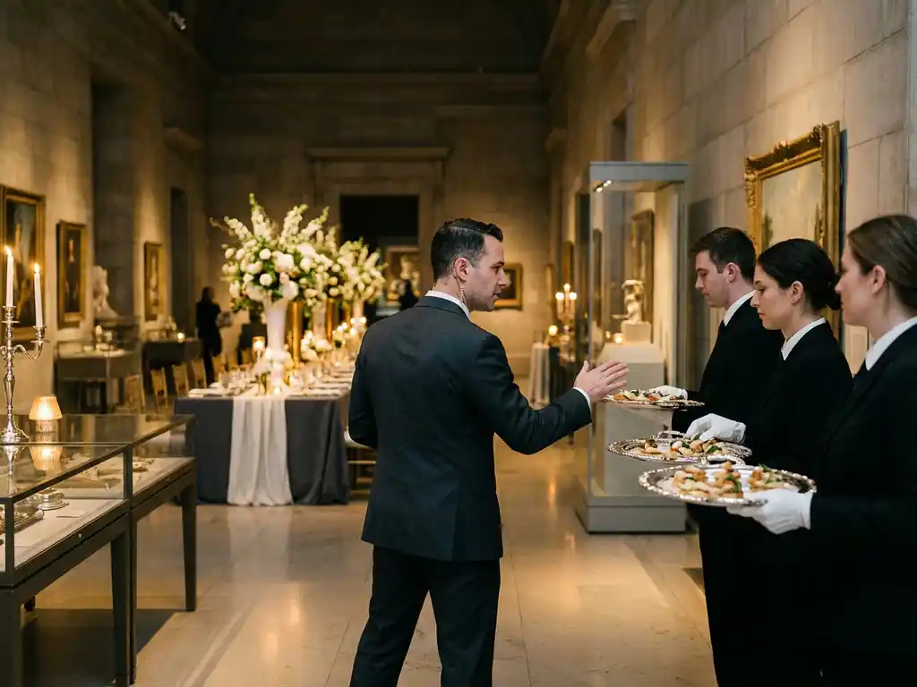 Cateringmanager in donker pak stuurt witgehandschoende obers met zilveren dienbladen door een verlichte museumzaal met bloemstukken.