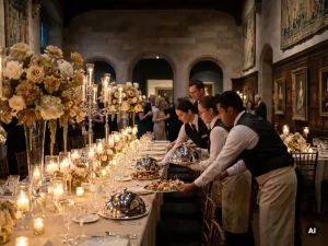 Cateringteam in gala-uniform schikt zilveren schalen met amuse-bouches op een feestelijk gedekte banquettafel in een museumzaal, kaarslicht op kristal.