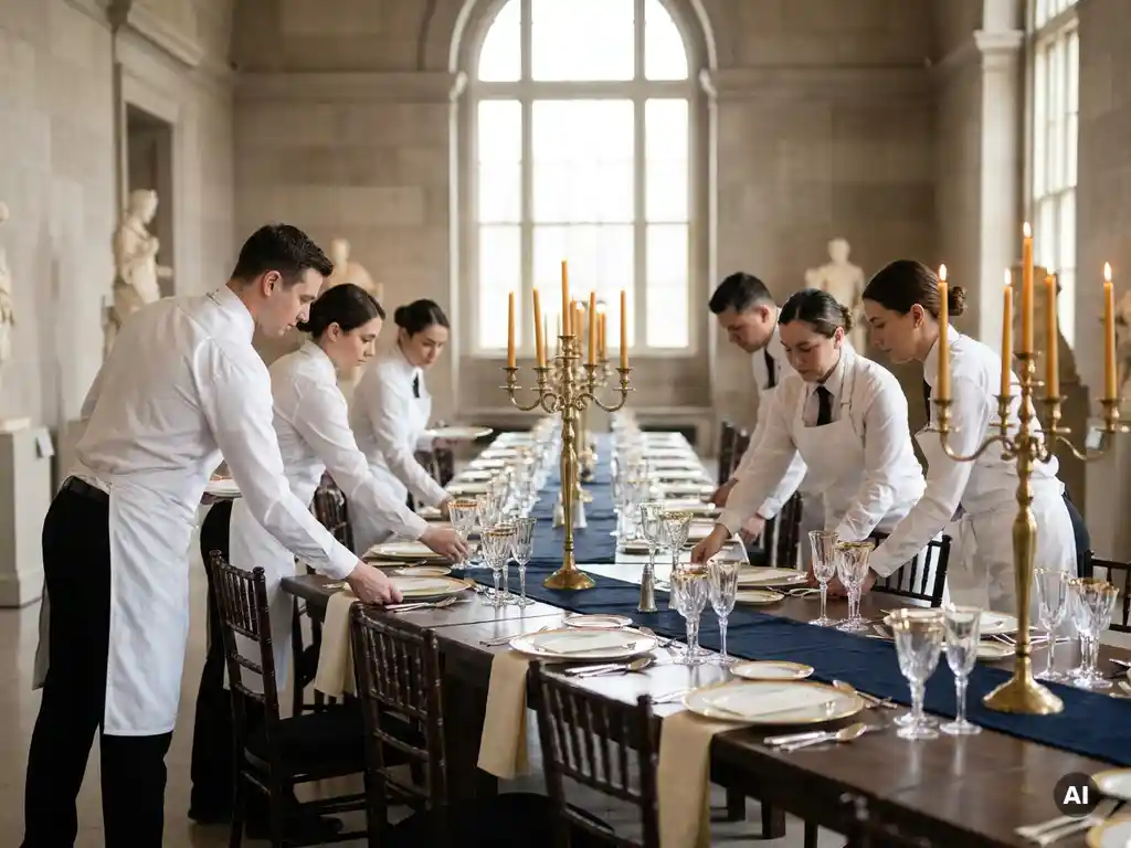 Cateringteam in witte uniformen dekt lange banquettafel in museumzaal met zilveren bestek en kaarsenkandela­bers.