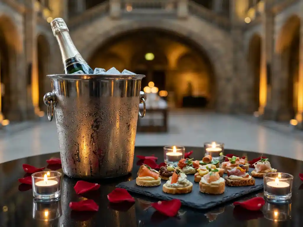 Zilveren champagnekoeler met condensdruppels naast een borrelplank met canapés, rozenblaadjes en waxinelichtjes op een zwart tafelblad.