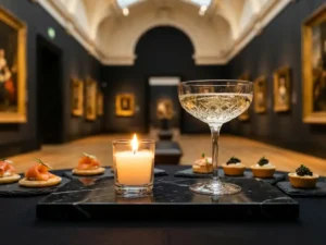 Champagnecoupe op zwart marmeren dienblad met elegante canapés, verlicht door kaarsen in een museumzaal met vergulde lijsten.