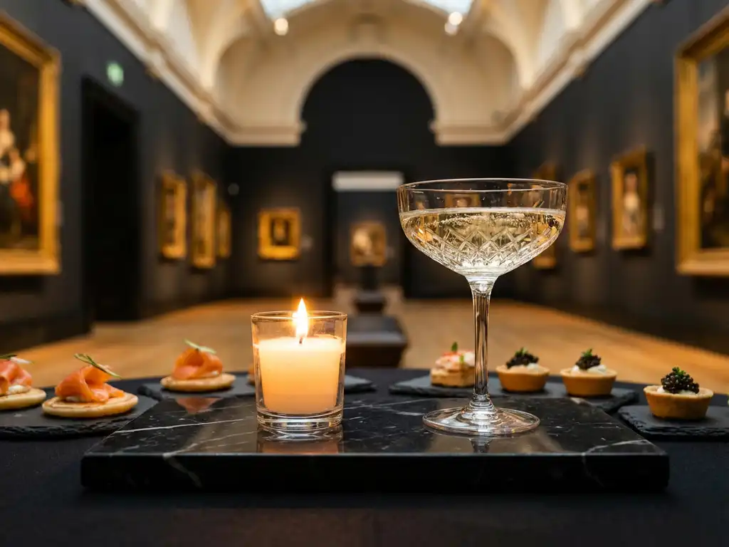 Champagnecoupe op zwart marmeren dienblad met elegante canapés, verlicht door kaarsen in een museumzaal met vergulde lijsten.