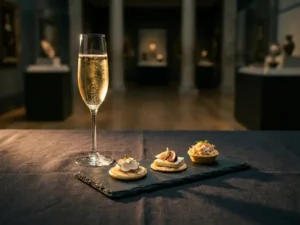 Elegante champagneflûte naast een leisteen bordje met canapés op donker linnen tafelkleed, dramatisch zijlicht in museumzaal.