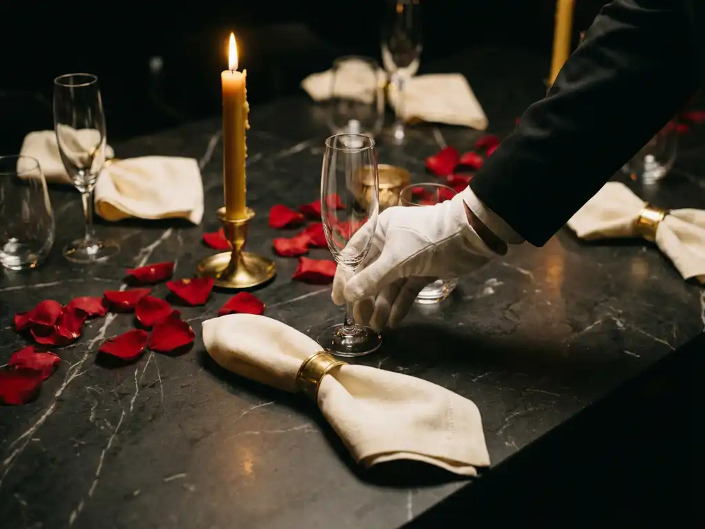 Witte handschoen rangschikt champagneglazen en linnen servetten op donker marmer, omringd door rozenblaadjes en een brandende kaars.