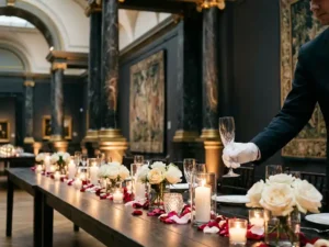 Witte handschoen plaatst champagneglas op feestelijk gedekte tafel met kaarsen en rozenblaadjes in een statige museumzaal.