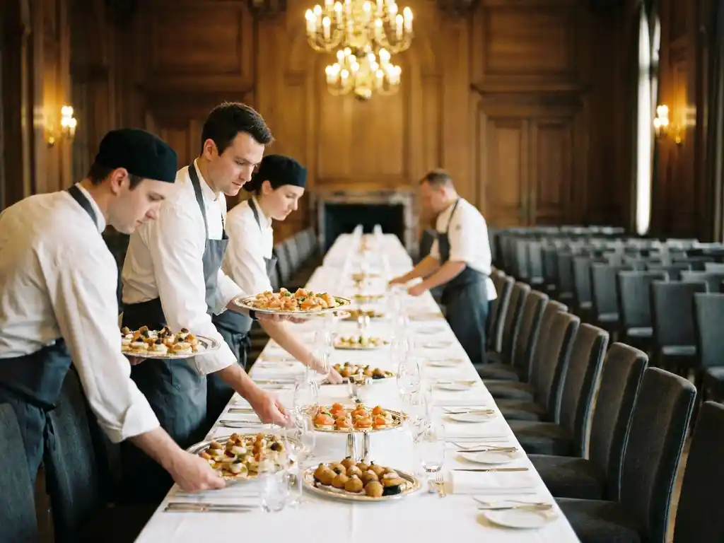 Cateringteam schikt zilveren schaaltjes met hapjes op een feestelijk gedekte banquettafel in een congreshal met kroonluchters.
