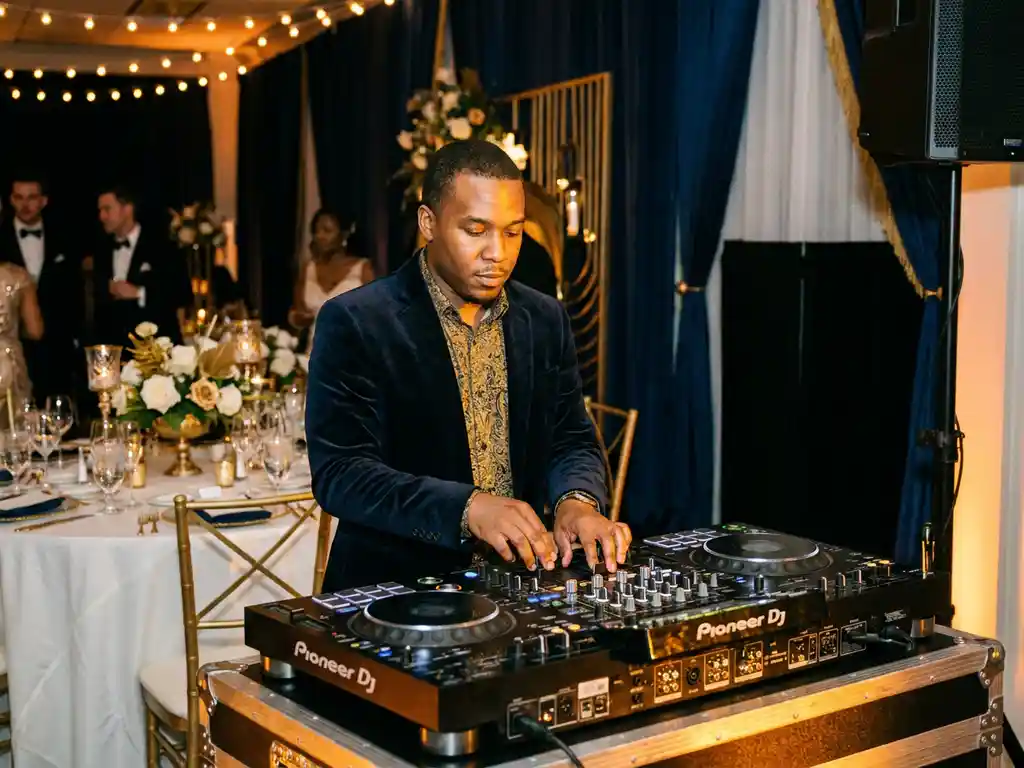 DJ achter professionele mixer en draaitafels tijdens elegant avondevenement, warm amberkleurig licht en gedekte receptietafel op de achtergrond.