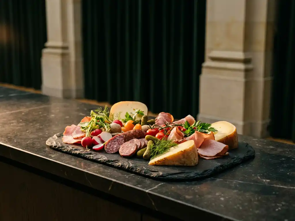 Rustiek leisteen borrelplank met ambachtelijke kazen, seizoensgroenten en charcuterie op donker marmer in een elegante museumruimte.