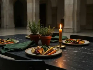 Gedekte marmeren tafel met duurzame catering, keramische borden met seizoensgroenten, linnen servetten en een brandende bijenwaskaars.