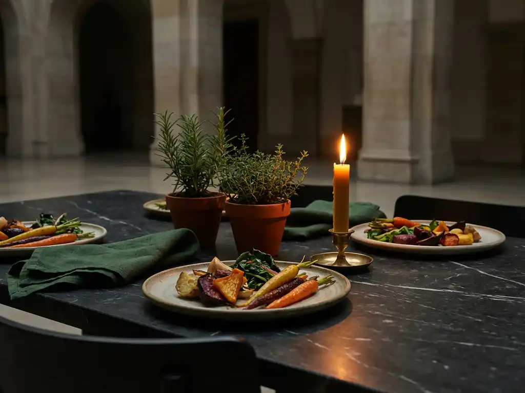 Gedekte marmeren tafel met duurzame catering, keramische borden met seizoensgroenten, linnen servetten en een brandende bijenwaskaars.