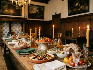 Duurzame cateringtafel met seizoensgroenten, ambachtelijk brood en kruidengarnering in keramische schalen, verlicht door kaarslicht in historisch Nederlands interieur.