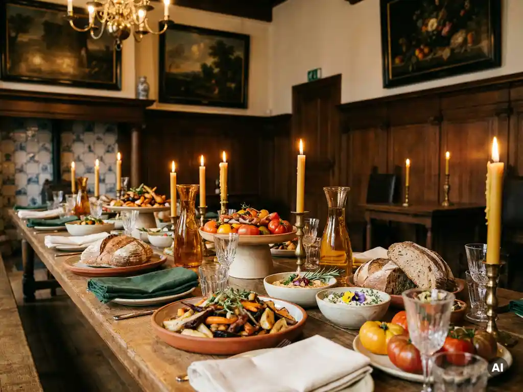 Duurzame cateringtafel met seizoensgroenten, ambachtelijk brood en kruidengarnering in keramische schalen, verlicht door kaarslicht in historisch Nederlands interieur.