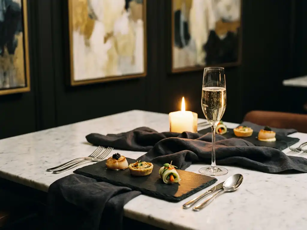 Elegant gedekte marmeren tafel met amuse-bouches op leistenen planken, zilveren bestek en champagneglas in kaarslicht.