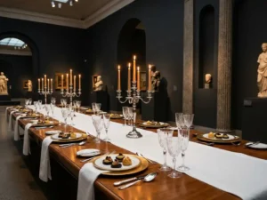 Elegant gedekte banquettafel in donkere museumzaal met zilveren kandelaars, kaarsenlicht op wit linnen en verfijnd voorgerecht.