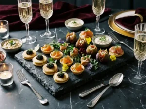 Elegante canapés en ambachtelijke hapjes op een leistenen plank, omringd door champagneglazen en kaarslicht op donker marmer.