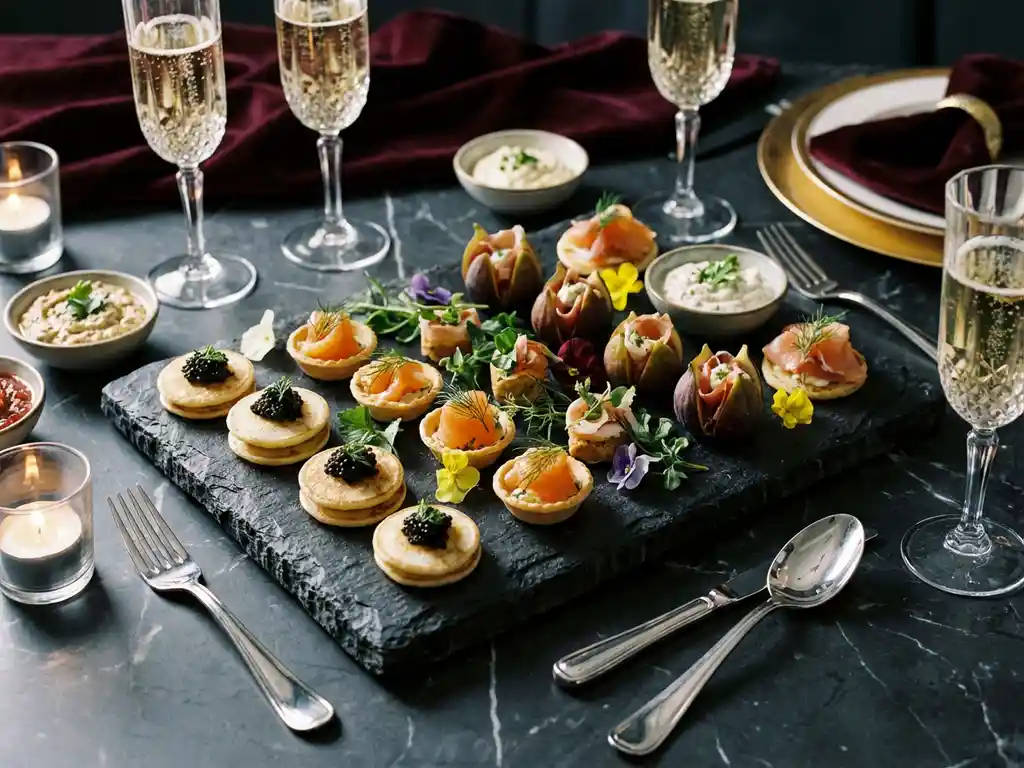 Elegante canapés en ambachtelijke hapjes op een leistenen plank, omringd door champagneglazen en kaarslicht op donker marmer.