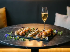 Elegante gourmet canapés op leisteen serveerplanken met champagneglas, versierd met microgreens en eetbare bloemen bij kaarslicht.