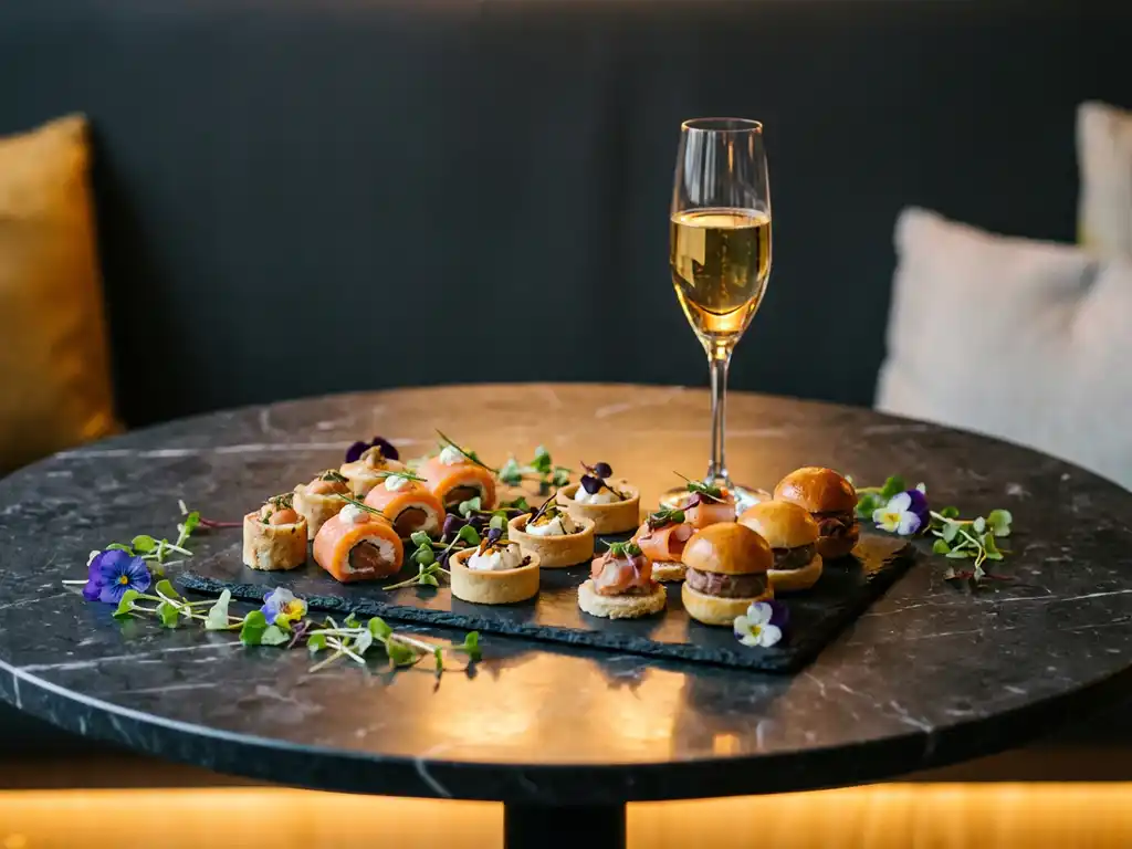 Elegante gourmet canapés op leisteen serveerplanken met champagneglas, versierd met microgreens en eetbare bloemen bij kaarslicht.