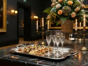 Zilveren dienblad met elegante canapés en champagneglazen op donker marmer in een museumzaal, verlicht door kaarslicht.