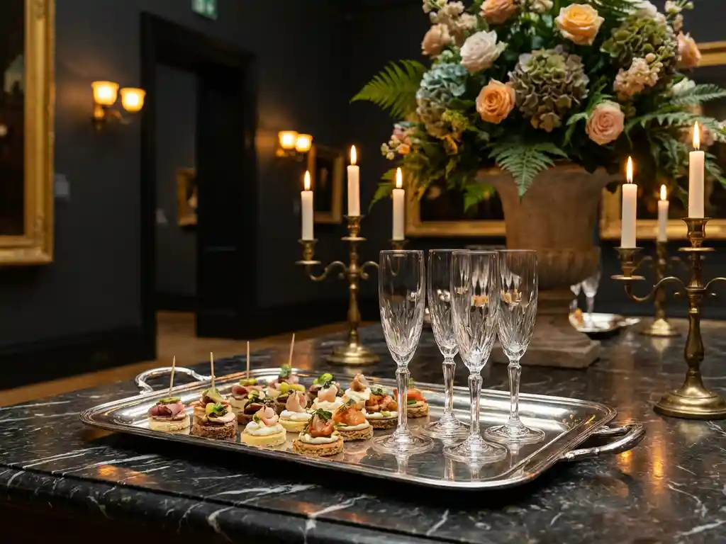 Zilveren dienblad met elegante canapés en champagneglazen op donker marmer in een museumzaal, verlicht door kaarslicht.