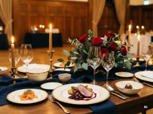 Elegant diner met meerdere gangen op kaarslicht tafel, kristallen wijnglazen, porseleinen borden en bloemstuk in intieme feestzaal.