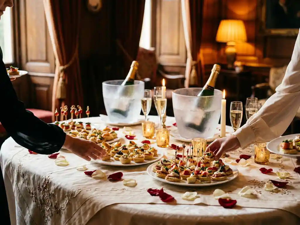 Elegante feesttafel met champagneglazen, artisanale canapés en rozenblaadjes op linnen tafelkleed in sfeervol verlichte feestzaal.