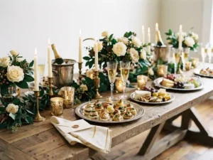Luxueus feestelijk tafeldecor met canapés, champagneglazen, bloemstukken en zilveren schalen in goud- en smaragdgroene tinten.