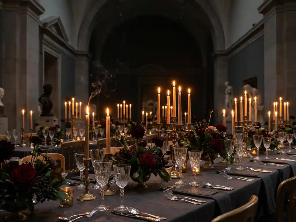 Elegant gedekte tafel met kristallen glazen en donkere bloemen in bordeauxrood, verlicht door kaarsen in een grote museumzaal.