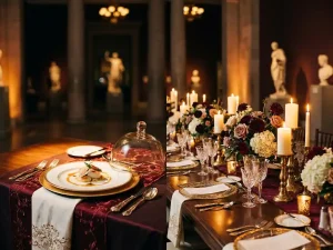 Elegant gedekte tafel met kaarsen, bloemen en kristalglas in een museumzaal, naast een verfijnd opgemaakt bord, warme amber- en bordeauxtinten.