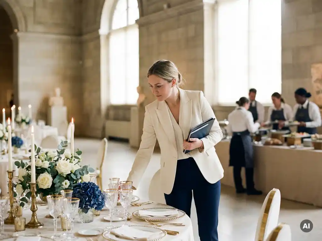 Eventplanner inspecteert elegante tafeldecoraties in museumzaal met bloemstukken, fijn porselein en kaarslicht, cateringteam op achtergrond.