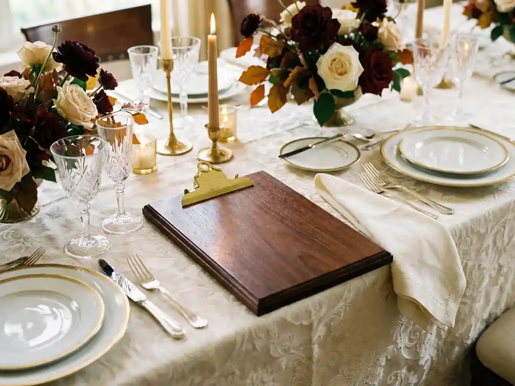 Evenementenplanner klembord op gedekte bankettafel met fijn porselein, kristallen glazen en seizoensgebonden bloemstukken bij kaarslicht.