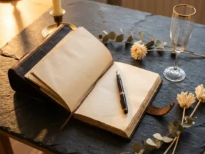 Open leren evenementenplanner met vulpen, champagneglas en gedroogde botanicals op leisteen tafel bij kaarslicht.