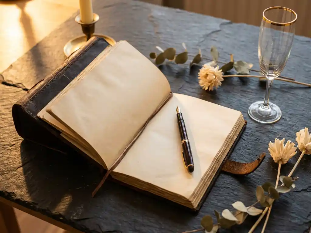 Open leren evenementenplanner met vulpen, champagneglas en gedroogde botanicals op leisteen tafel bij kaarslicht.