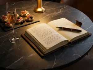 Opengeslagen leren evenementenplanner op donker marmeren tafel met vulpen, champagneglas en elegante canapés in gouden en bordeauxrode tinten.