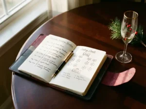 Opengeslagen leren evenementenplanner met handgeschreven tijdlijnen op mahoniehout tafel, champagneglas en groentak in warme goudtinten.