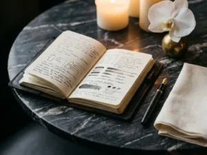 Opengeslagen leren evenementenplanner op donker marmeren tafel met vulpen, linnen servet en witte orchidee in kaarslicht.