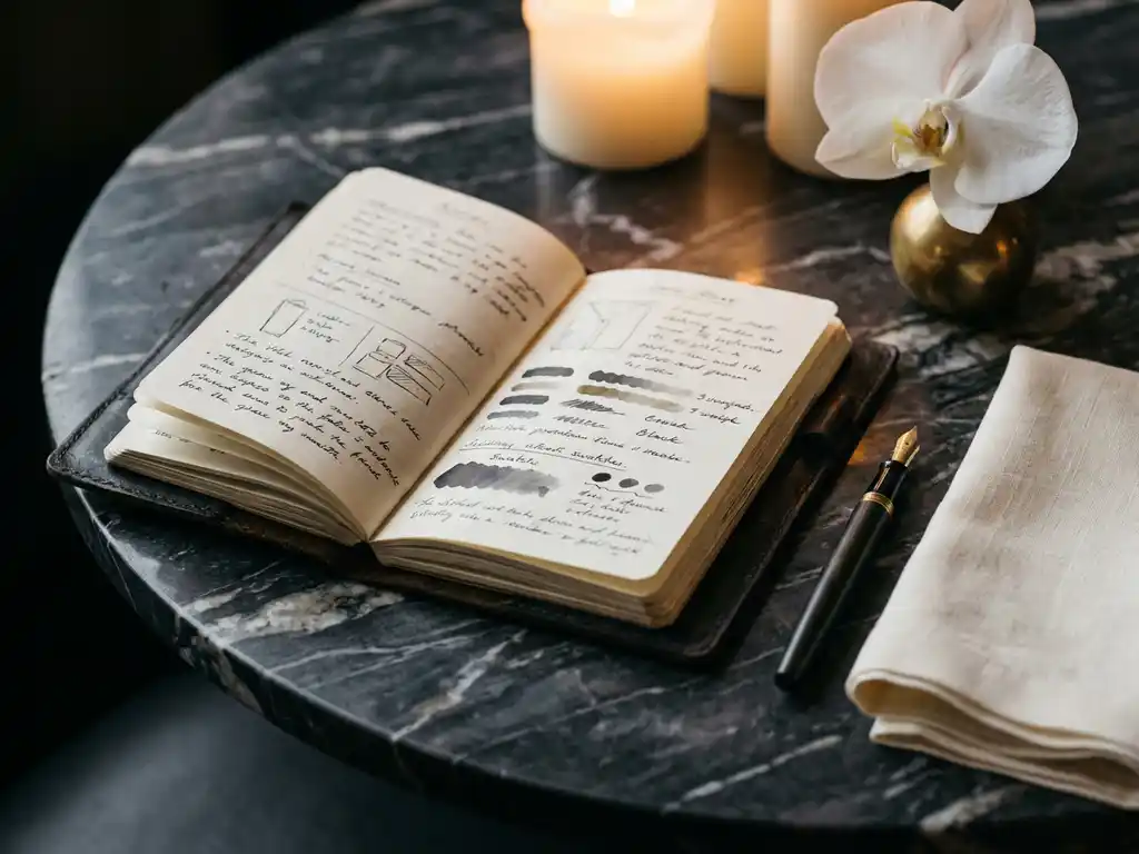Opengeslagen leren evenementenplanner op donker marmeren tafel met vulpen, linnen servet en witte orchidee in kaarslicht.