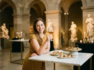 Gast met elegant wijnglas naast verfijnd borrelhapjes op wit marmeren statafel in sfeervol museuminterieur.