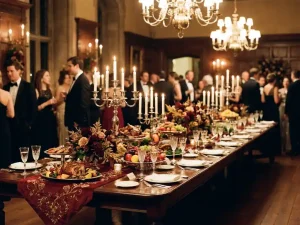 Feestelijk banquettafel met zilveren schalen, bloemstukken en champagneglazen in een historische zaal, gasten in avondkleding op de achtergrond.